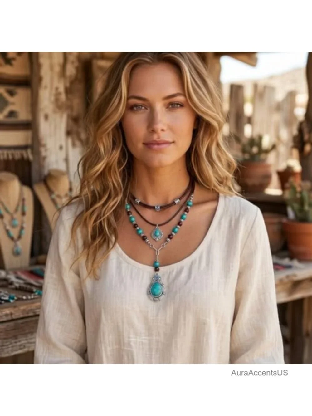 Layered Turquoise Beaded Choker Necklace Boho Cowgirl Pendant PU Leather